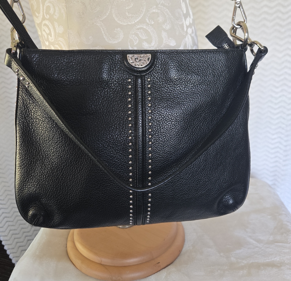Brighton Black Pebbled Leather Crossbody Bag with Silver Stud Trim